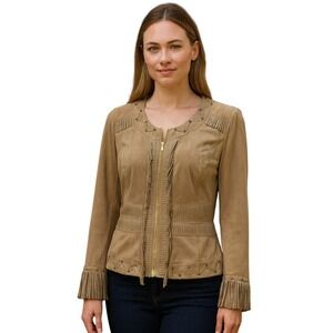 Cache Women's Faux Suede Buckskin Jacket Full Zip Fringe with Chains Sz S